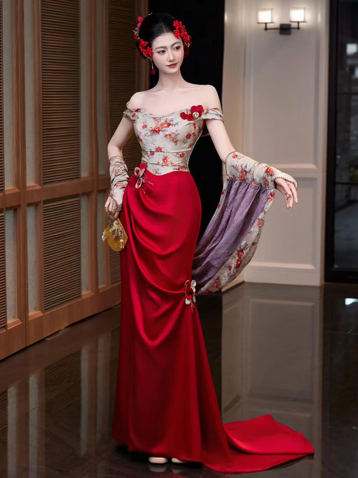 Ball Wear off-Shoulder Morning Gowns Women's New High-Grade Bride Engagement Formal Dress Wine Red Retro Toast Clothing