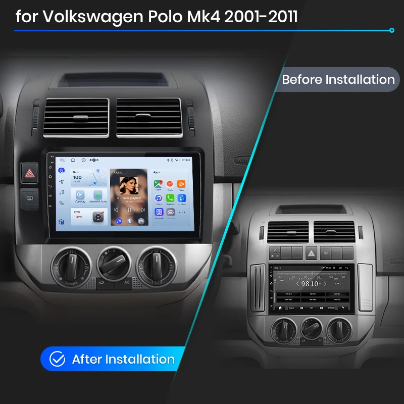 Radio para Auto Junsun para VW Volkswagen Polo Mk4 2001 2002-2011, CarPlay, Android Auto, FM, RDS, DSP, BT, GPS, Navegador, SWC, Pantalla Táctil HD IPS, Reproductor Multimedia Plug & Play, Llamadas Manos Libres, Unidad Principal con Estilo Original del Auto 2