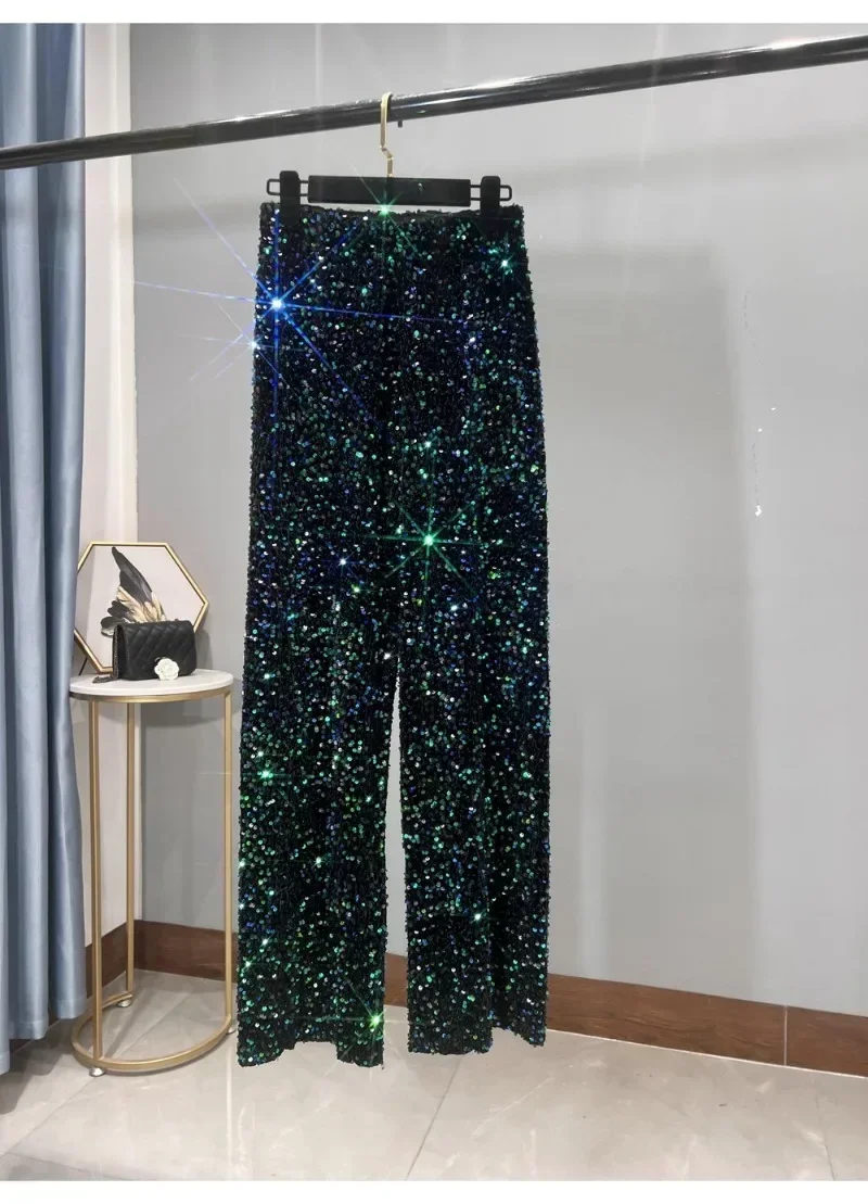 Korean Fashion Pants Women Elastic Waist Sequins Wide Leg Y2k Trousers Shiny Loose Slim Full Length High Street Casual Straight