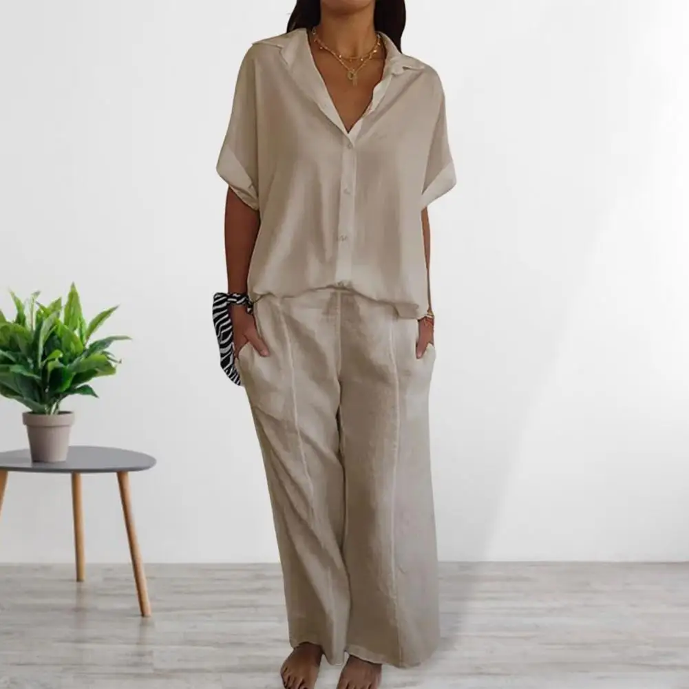 Casual Two-piece Set Women's Solid Color Shirt Pants Set with Turn-down Collar Short Sleeve Top Wide Leg Elastic for Commute