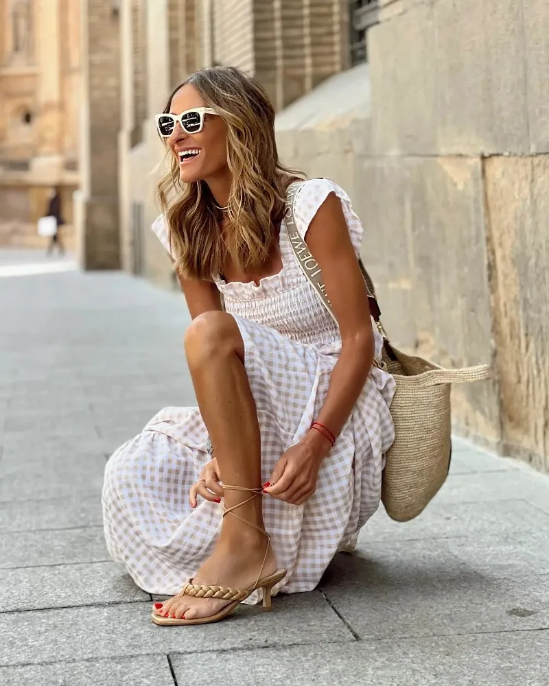 Elegant Temperament Plaid Patchwork Slip Boho Dress Summer Ruffle Backless Pleated Elastic Waist Swing Loose Party Dresses