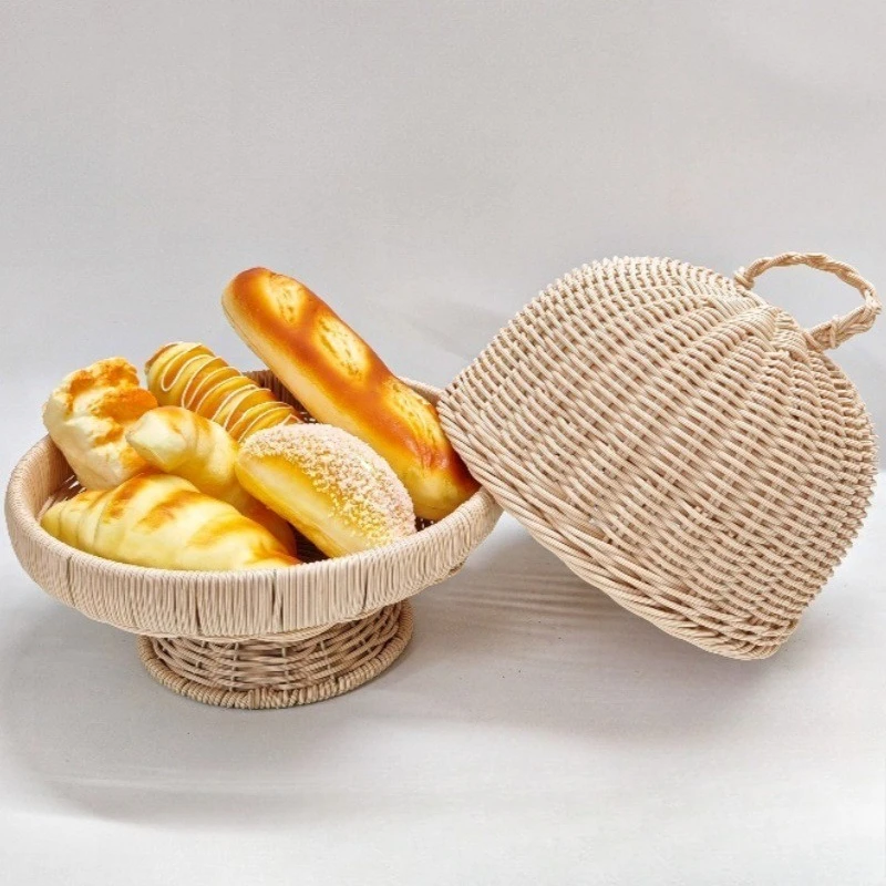 

Hand Woven Rattan Bread Basket, Food, Fruit and Vegetable Service Basket with Dust Cover, Kitchen Utensil Storage Container