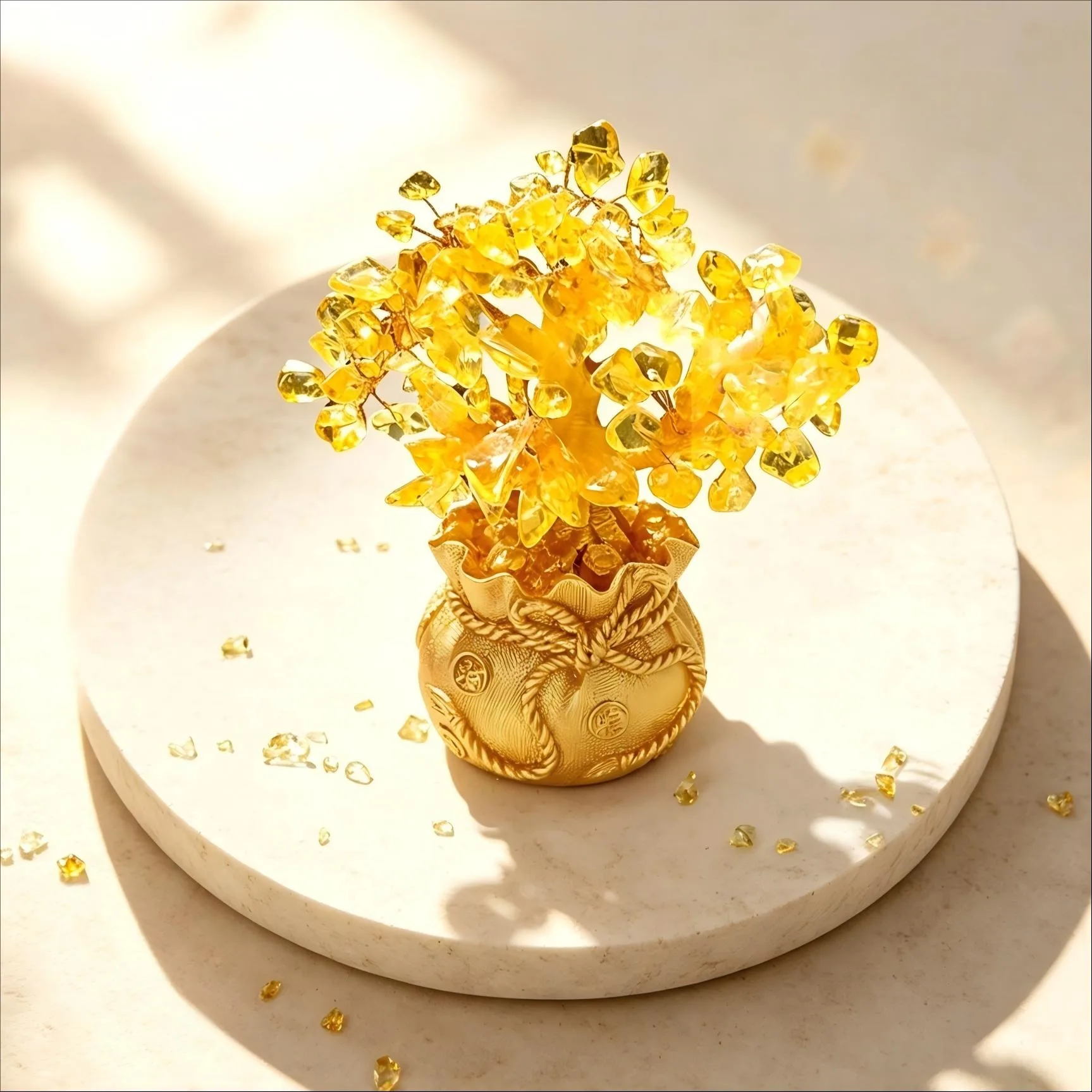 Yellow crystal broken stone tree shaped ornament, gold money bag base, random style, suitable for home living room foyer desktop decoration, creative handmade crafts, business opening souvenir