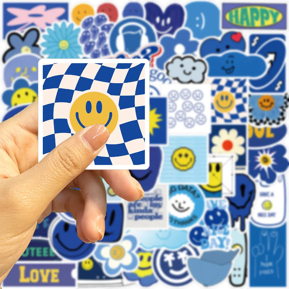 59pcs Blue Smiley Stickers For Suitcase Phone Stationery Scrapbook Scrapbooking Materiales Craft Supplies Vintage Smile Sticker