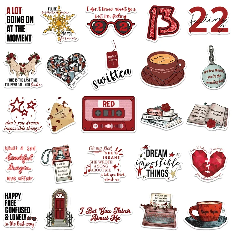 10/30/50Pcs Aesthetic Cartoon Famous Singer Taylor Red Album Lyric Sticker For Laptop Water Bottle Luggage Notebook Vinyl Decals