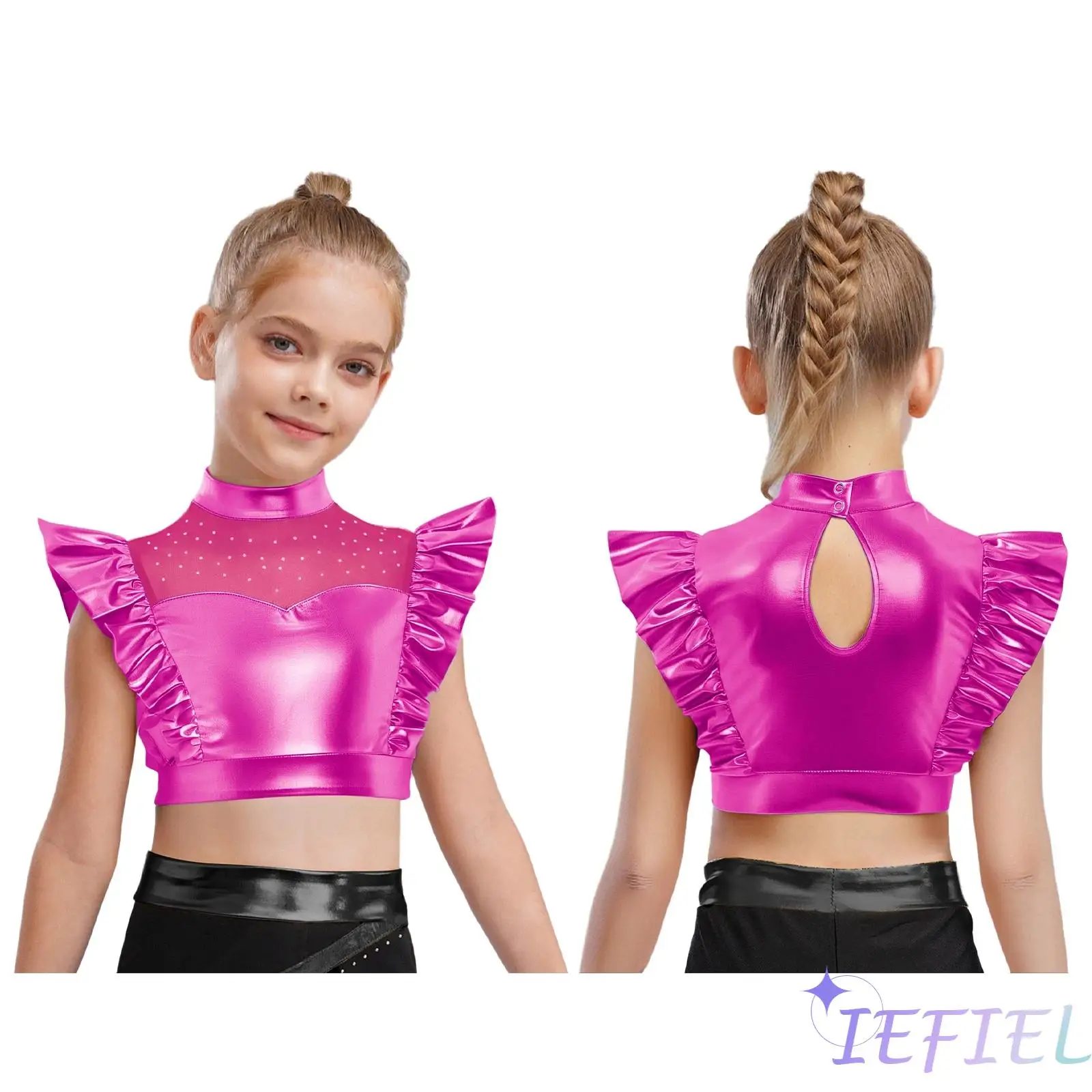 

Girls Jazz Metallic Tank Tops Patchwork Rhinestone ASleeveless Shiny Ruffle Crop Tops Press Buttons Keyhole Back Dance Shirts