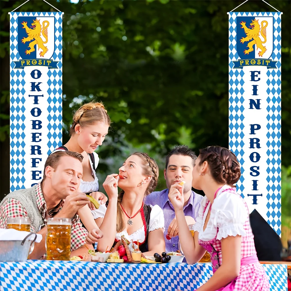 2-teiliges Oktoberfest-Willkommensbanner-Set, 51,1 x 11,8 Zoll, Blau-Weiße Bayerische Fahnen, Veranda-Dekoration für das Deutsche Bierfest – Detail 4