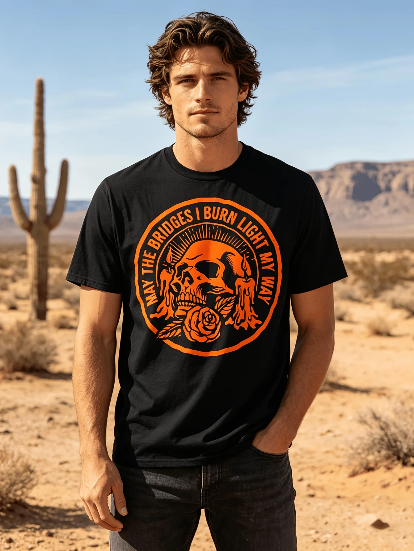 May The Bridges I Burn Light My Way Skull Gothic Quote Art T-Shirt
