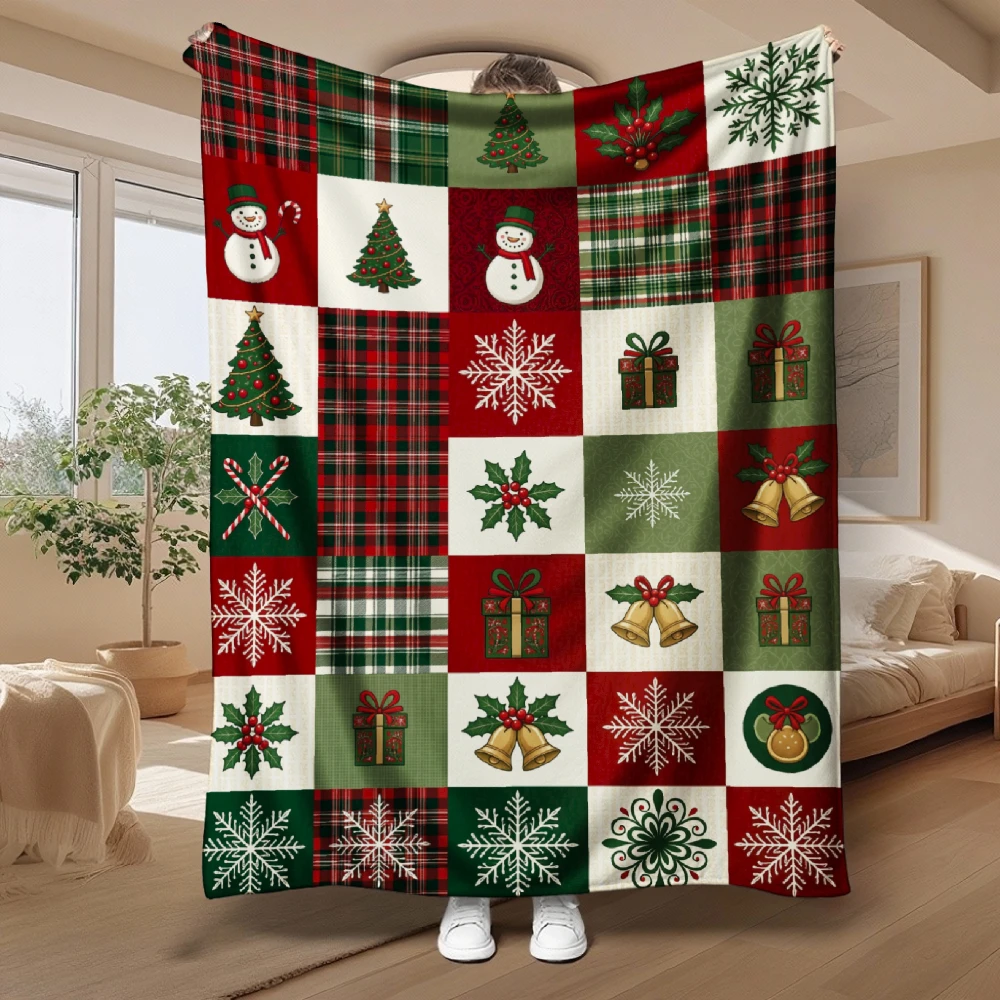 1pc Christmas Plaid Tree, Snowman & Snowflake Printed Throw Blanket, Soft Cozy Warm Blanket for Autumn & Winter, Home Decor