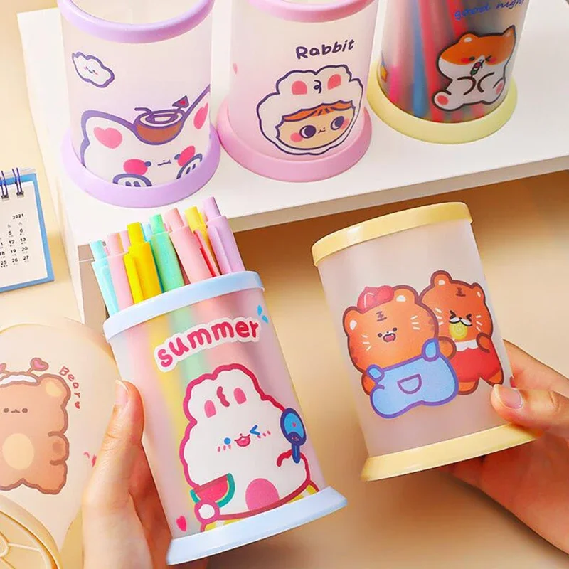 INS Cute Bear Bunny Pen Holder Kawaii Transparent Stationery Organizer Desktop Korean Cosmetics Storage Box Office Supplies