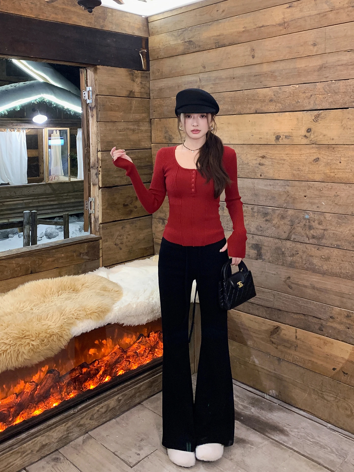 

Женские зимние утепленные брюки Chuqing с высокой талией, расклешенные, с поясом, повседневные, эластичные, для похудения