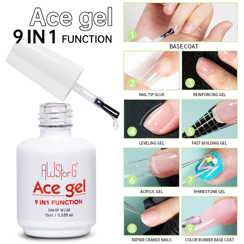 

AWStorG 15ML Ace Gel 9-in-1 Nail Glue Gel Nail Polish Thickness Transparent Semi Permanent Function UV Gel Soak Off Nail Art