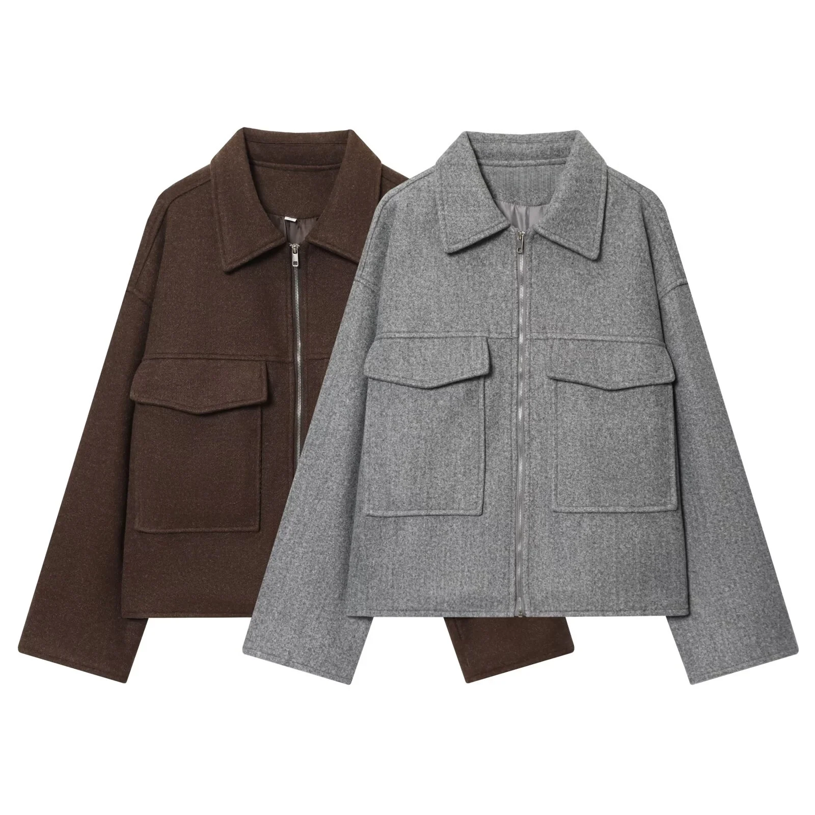 

2023 осенняя новая женская одежда, модное свободное повседневное шерстяное пальто в стиле ретро с простыми лацканами и длинными рукавами, большим карманом на молнии