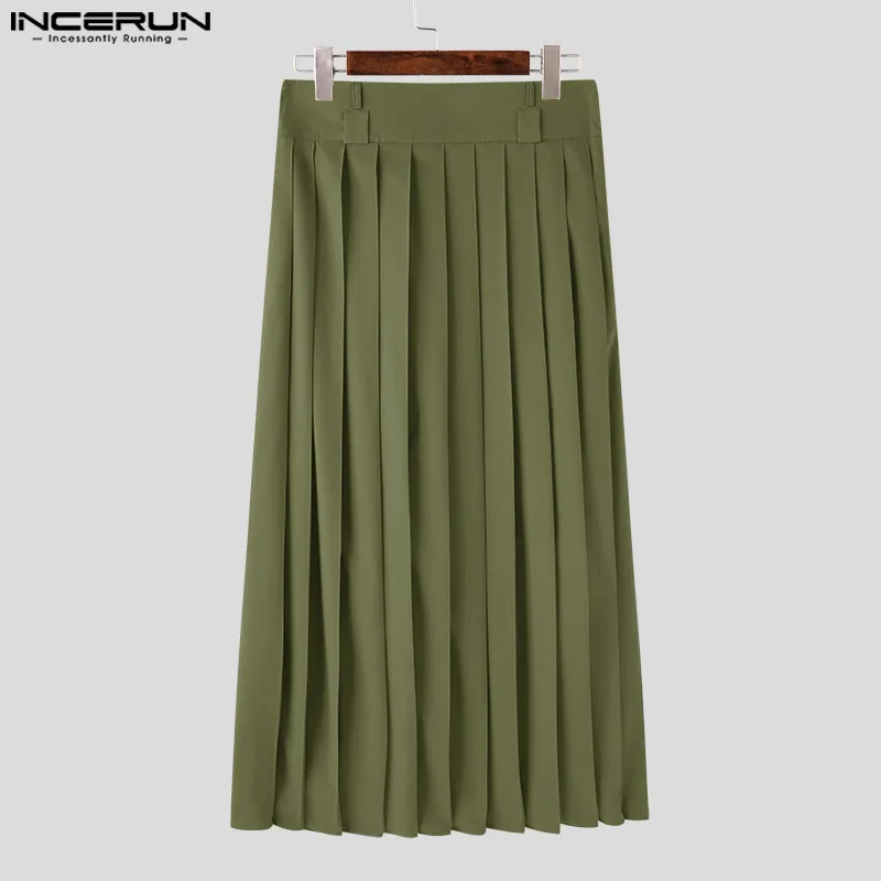 INCERUN Men Casual Skirts Solid Color Pleated Zipper Streetwear Loose Trousers 2023 Personality Leisure Fashion Men Skirts S-5XL