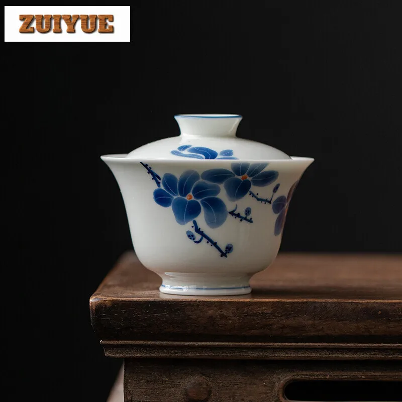 100ml Jade Mud Handmade Cover Bowl Handpainted Magnolia Gaiwan Creative Anti Scald Tea Tureen Tea Brewing Tea Ceremony Ornaments