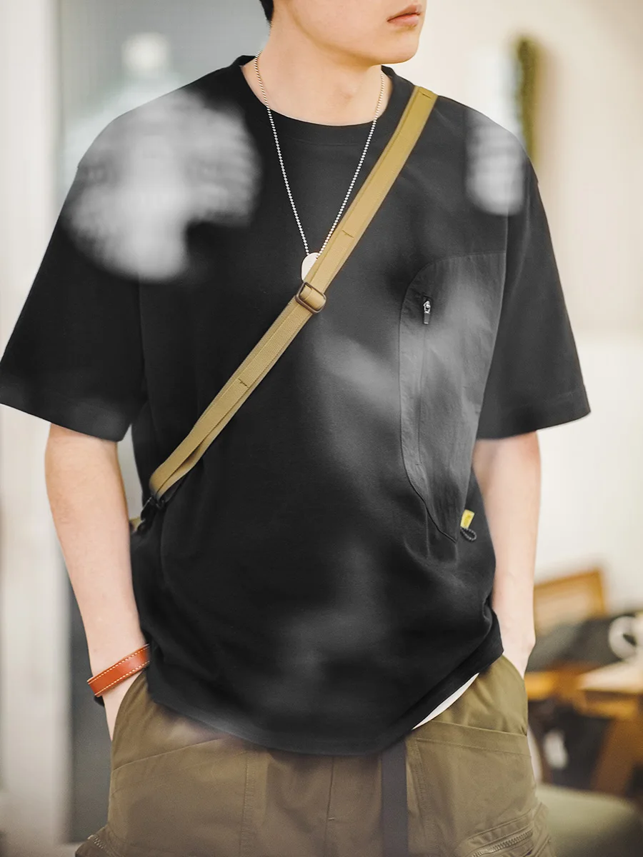 Summer and Autumn Casual Pure Color Short Sleeve Mountain Outdoor Functional Splicing Pocket Stacked T-Shirt for Men