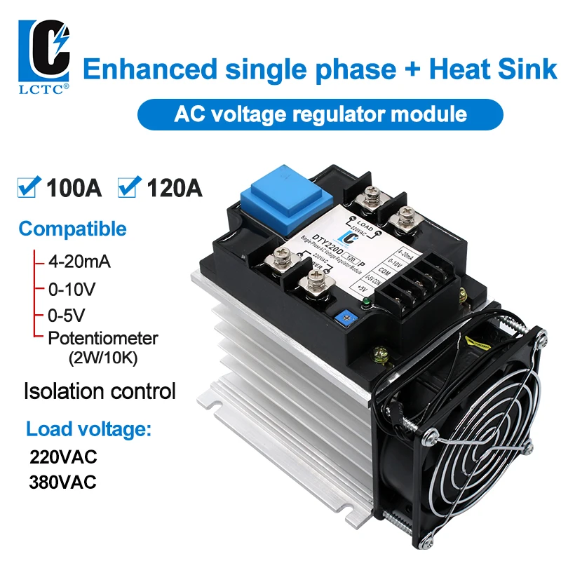 

LCTC Voltage Regulator Relay With Heat Sink Single Phase AC Control 220V 280V 100A 120A Enhanced Isolation Regulator Module DTY