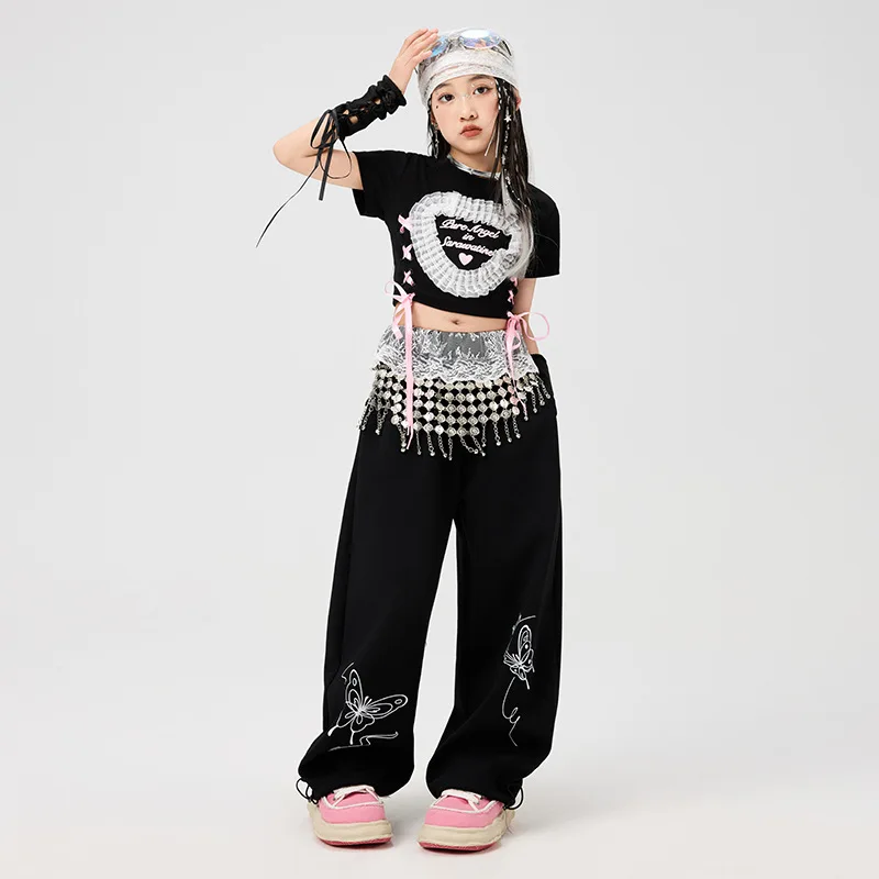 Kid Kpop Hip Hop Clothing Black Lace up Heart Crop T Shirt Top Casual Butterfly Sweat Pants for Girl Jazz Dance Costume Clothes
