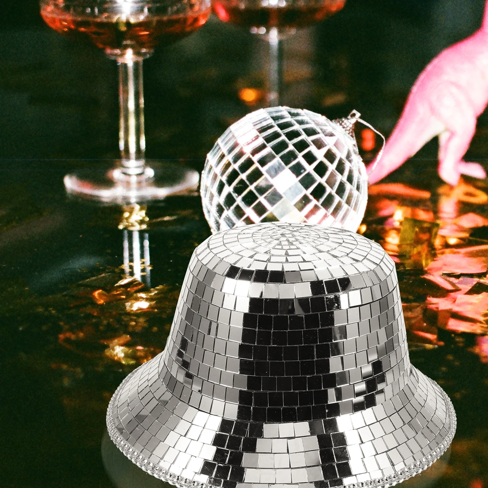 

Mirrored Bucket Silver Cowgirl Ladies Disco Party Mirror Embellished Cow Reflective Fisherman Hat Sequins Bucket Hat
