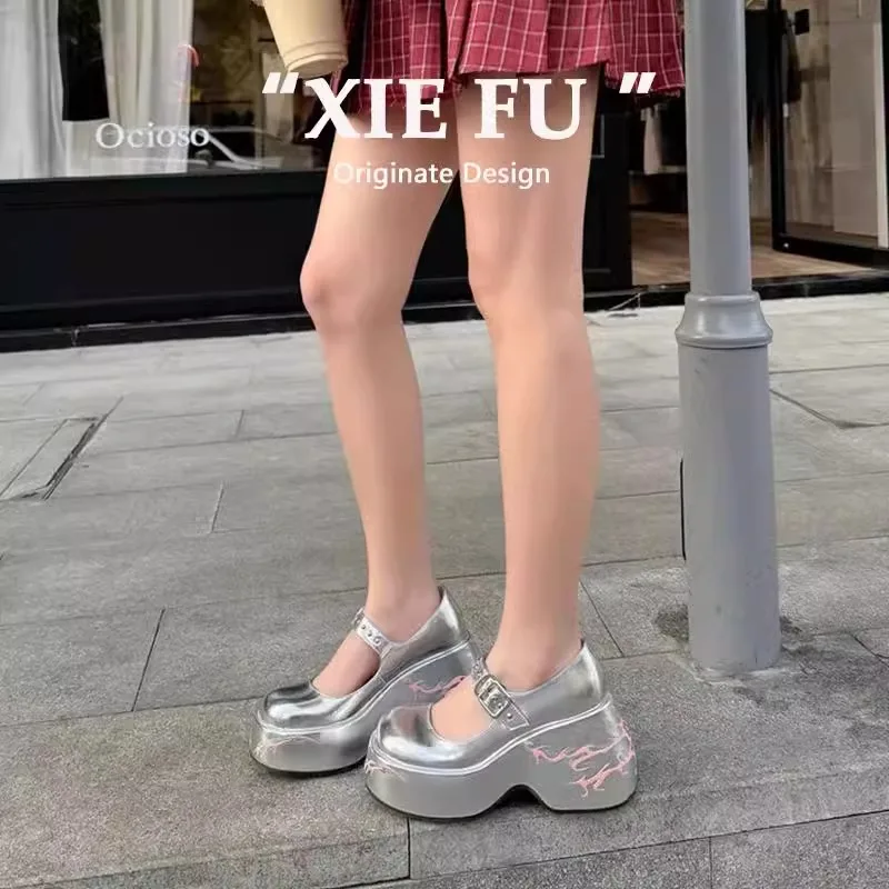 

Embroidered Butterfly Platform Mary Janes Elevated Silver Loafers for Women Square-Toed Buckled Shoes Chaussure Femme