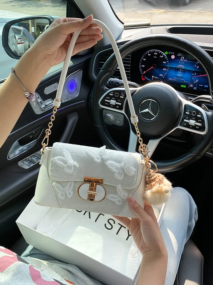 

Ele Lace French Bread Bag SKT S Luxury Knot Underarm Bag Trendy Youth Magnetic Bule Closure Leather Handbag