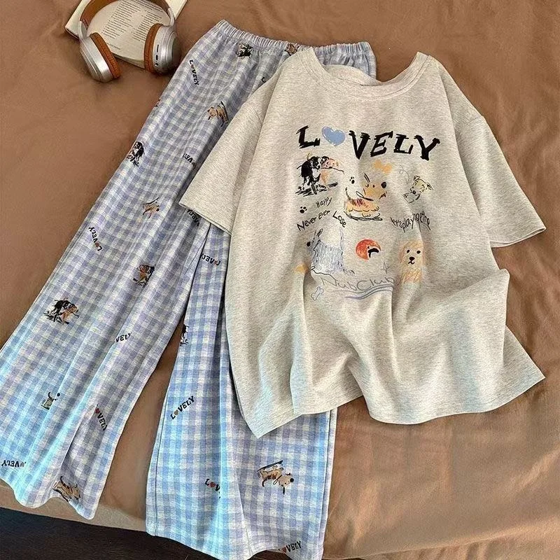 Women's Summer Short Sleeved Pajama Home Clothing Set Cartoon Grid Loose Breathable Short Sleeved Pants Home Clothing Set