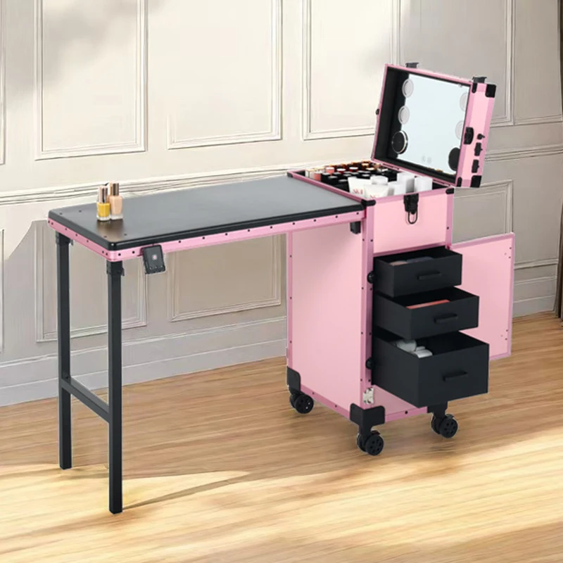 Custodia per trucco pieghevole con rotelle Tavolo per trucco mobile Specchio a LED Cassetti Bluetooth Scatola per cosmetici Custodia professionale per organizer