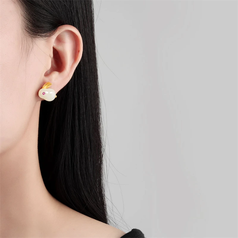 WYEAIIR Sweet Lovely Jade Rabbit 925 Sterling Silver Earrings For Women Luxury Jewelry Party Gift