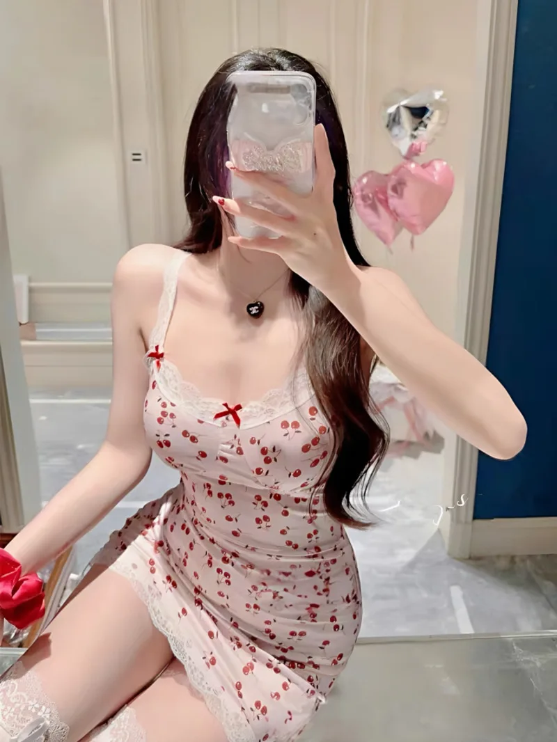 

Платье на бретельках с кружевным принтом Cherry Girl French Pure Desire, элегантное с подушечками на груди, милое облегающее мини-платье на бретельках, розовое B78