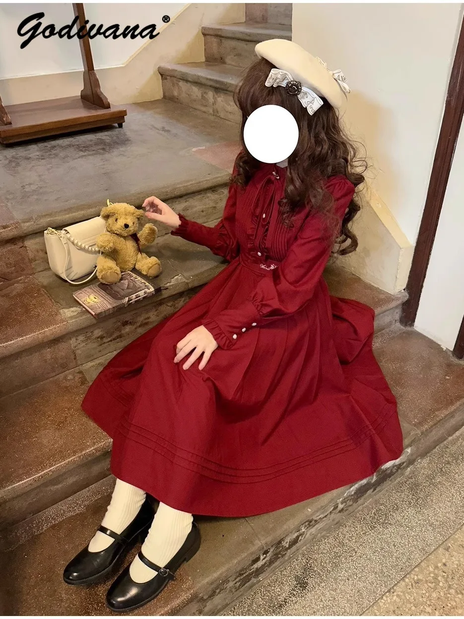Original Retro Elegant Black and Red Full Sleeve Slim Long Dress Autumn Winter Women's JK Vintage Calf-length Dresses image 5