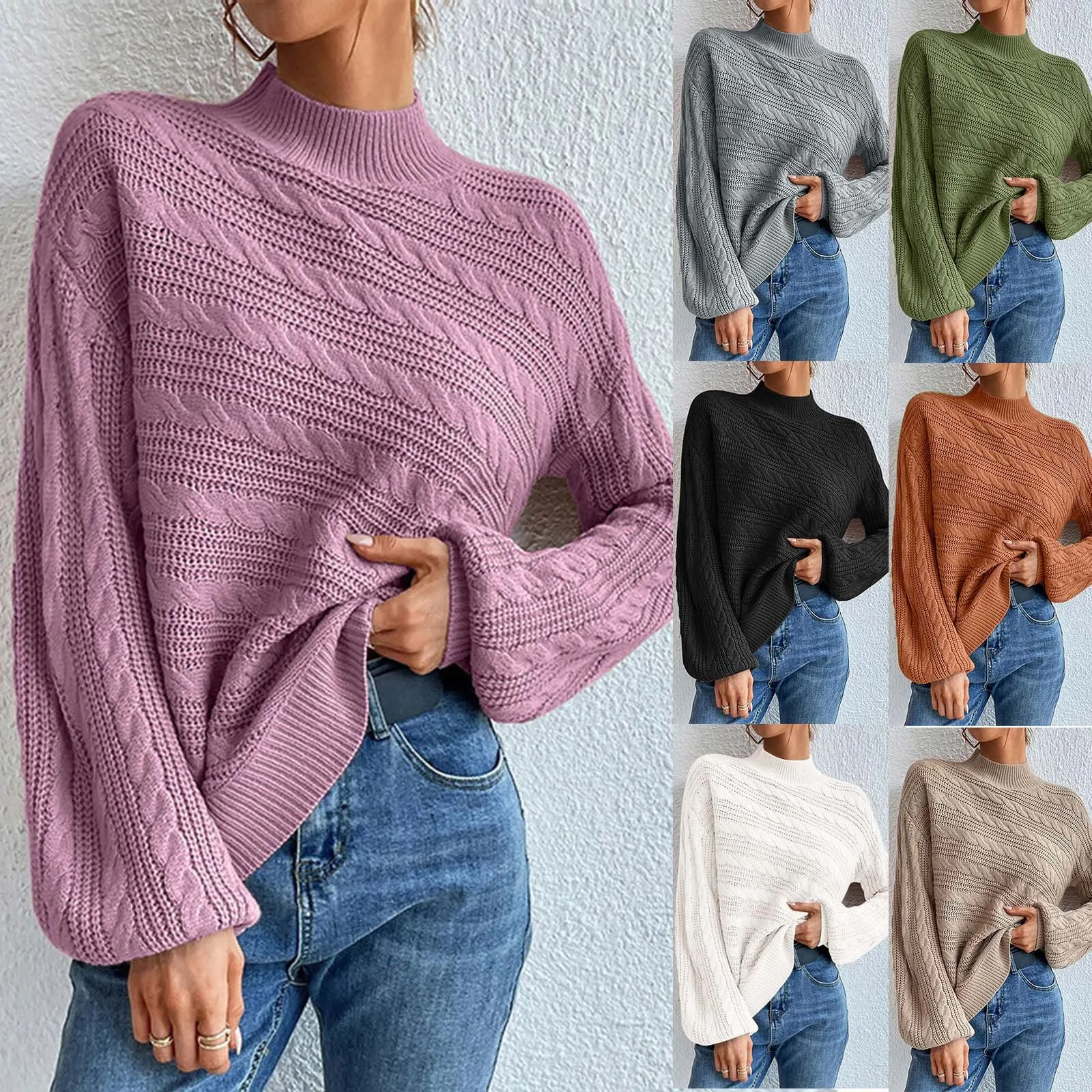 Women\'s Sweaters Pullover Autumn Winter New Fashion Ladies Solid Color Sweater 2023 High Neck Twist Knit Long Sleevec Sweaters