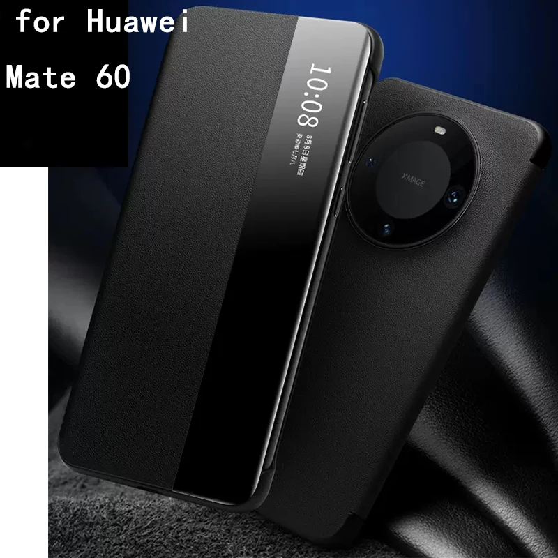 Luxury Smart Phone Case for Huawei Mate 60 Carcasa Genuine Leather Funda for Huawei Mate 60pro Window View Cover Mate60pro+ Skin