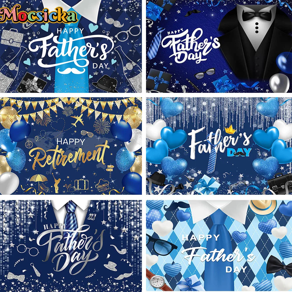 

Father's Day Blue Decor Background Banner Hero Dad Retirement Tie Suit Glasses Gift Balloon Silver Glitter Backdrop Men Photo