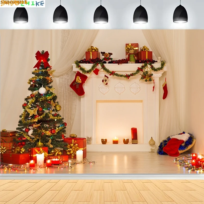 

Christmas Day New Year Party Photography Backdrops Prop Window Living Room Interior Xmas Tree Snow Theme Photo Background AX-07
