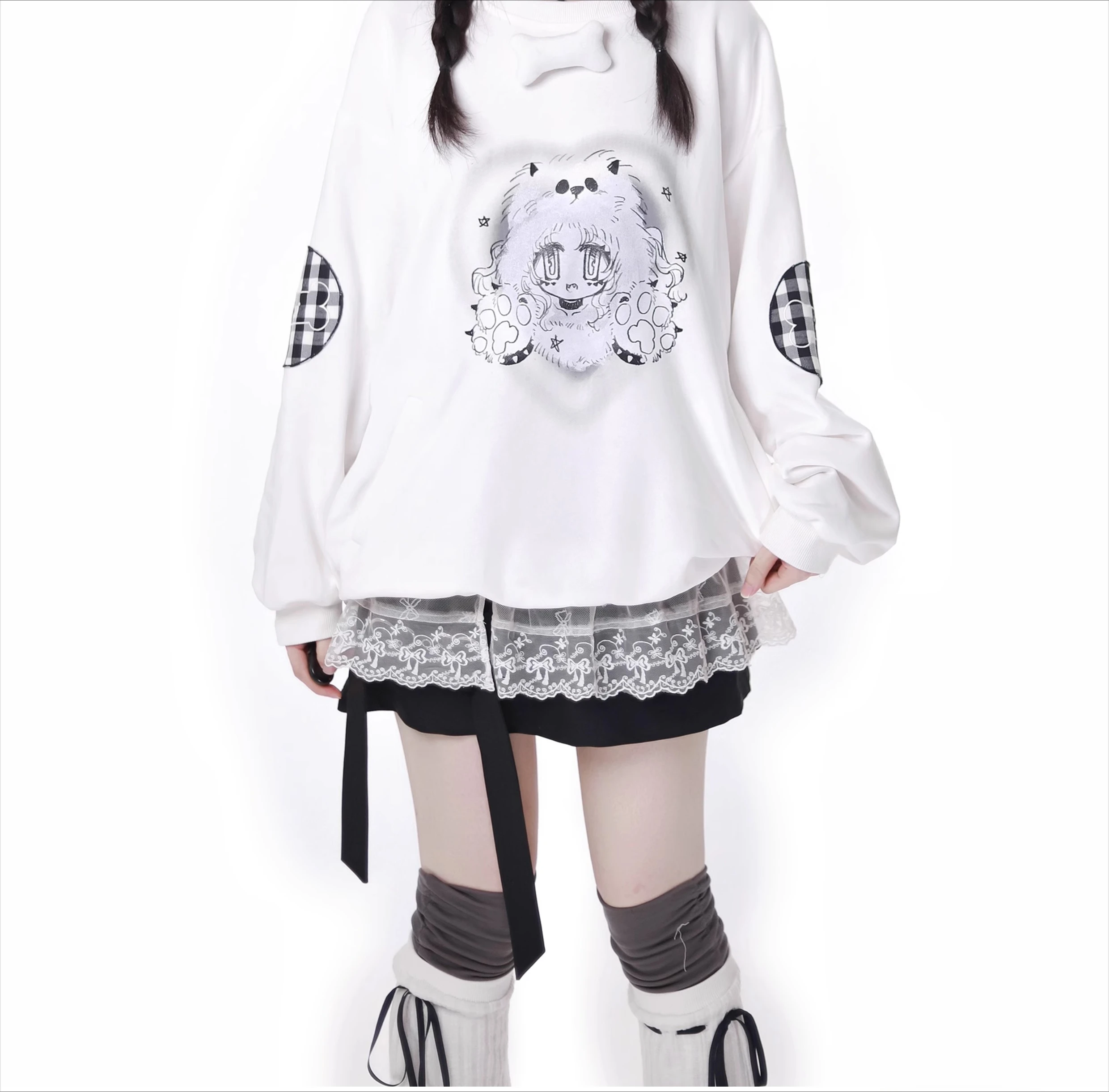 College Sweet Kawaii luźne bluzy studenckie jesienno-zimowa moda Anime drukuj białe bluzy damskie topy z długim rękawem swetry