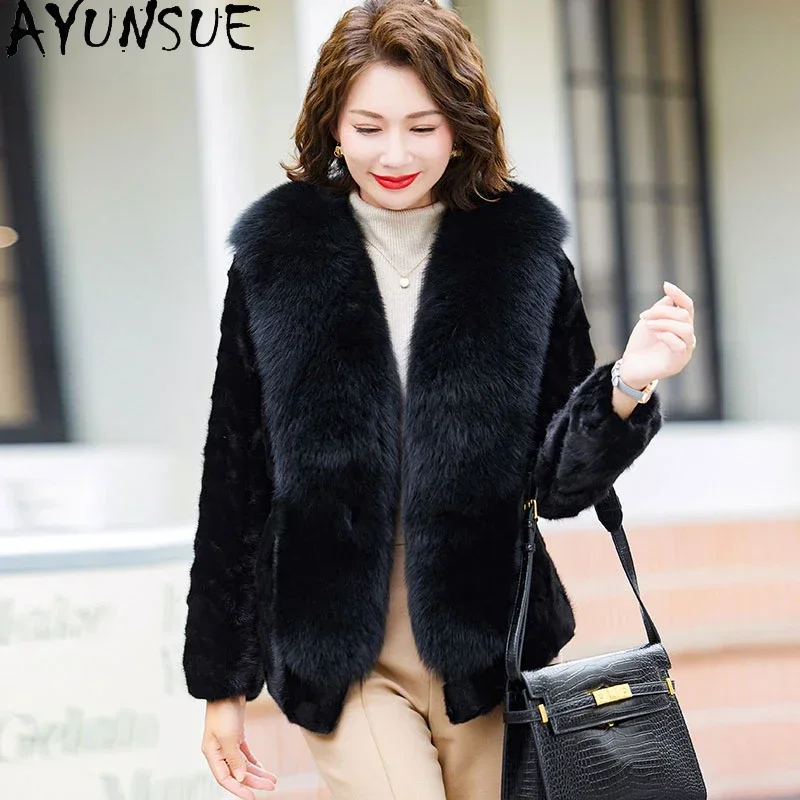 

AYUNSUE High Quality Real Fur Coat Womens Winter Luxury Pieces of Mink Fur Spliced Fur Jacket for Women Fox Fur Collar Casacos