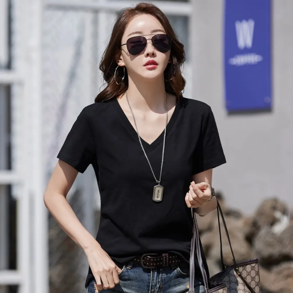

Women's V-neck T-shirt Short Sleeve White Loose Slim Fit Cotton Solid Color Top with Shoulder Chicken Heart Collar