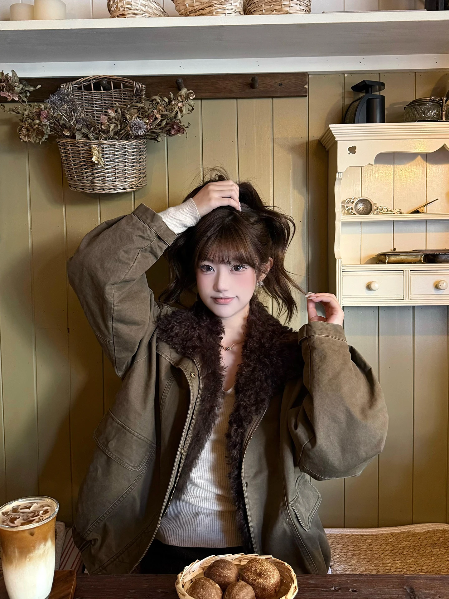 Retro marrom gola de pele parka solto preguiçoso versátil casaco de couro ort inverno novo design casual feminino outerwear casaco ort