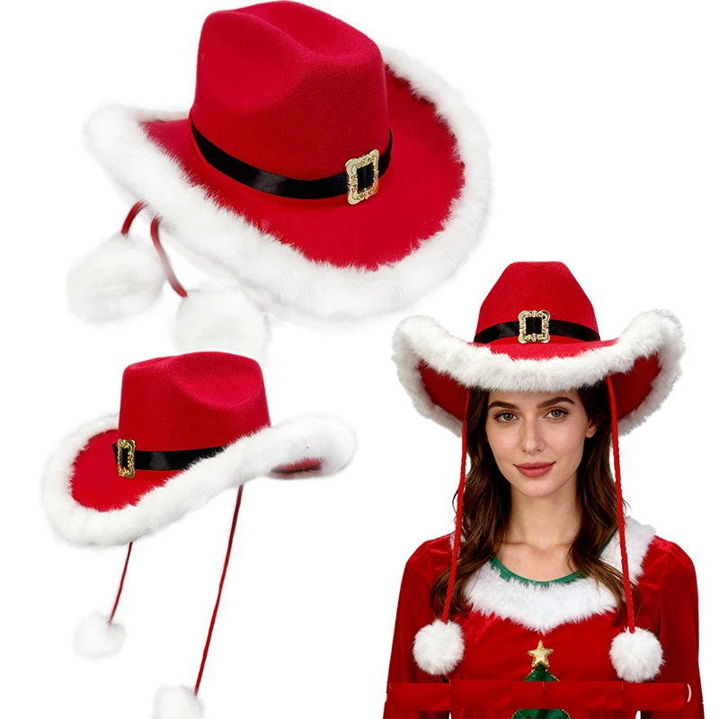 Chapéu de cowboy para festa de natal, acessórios confortáveis para fantasia, aba larga, chapéu de cowgirl, bola de pelúcia, cordas, chapéus ocidentais