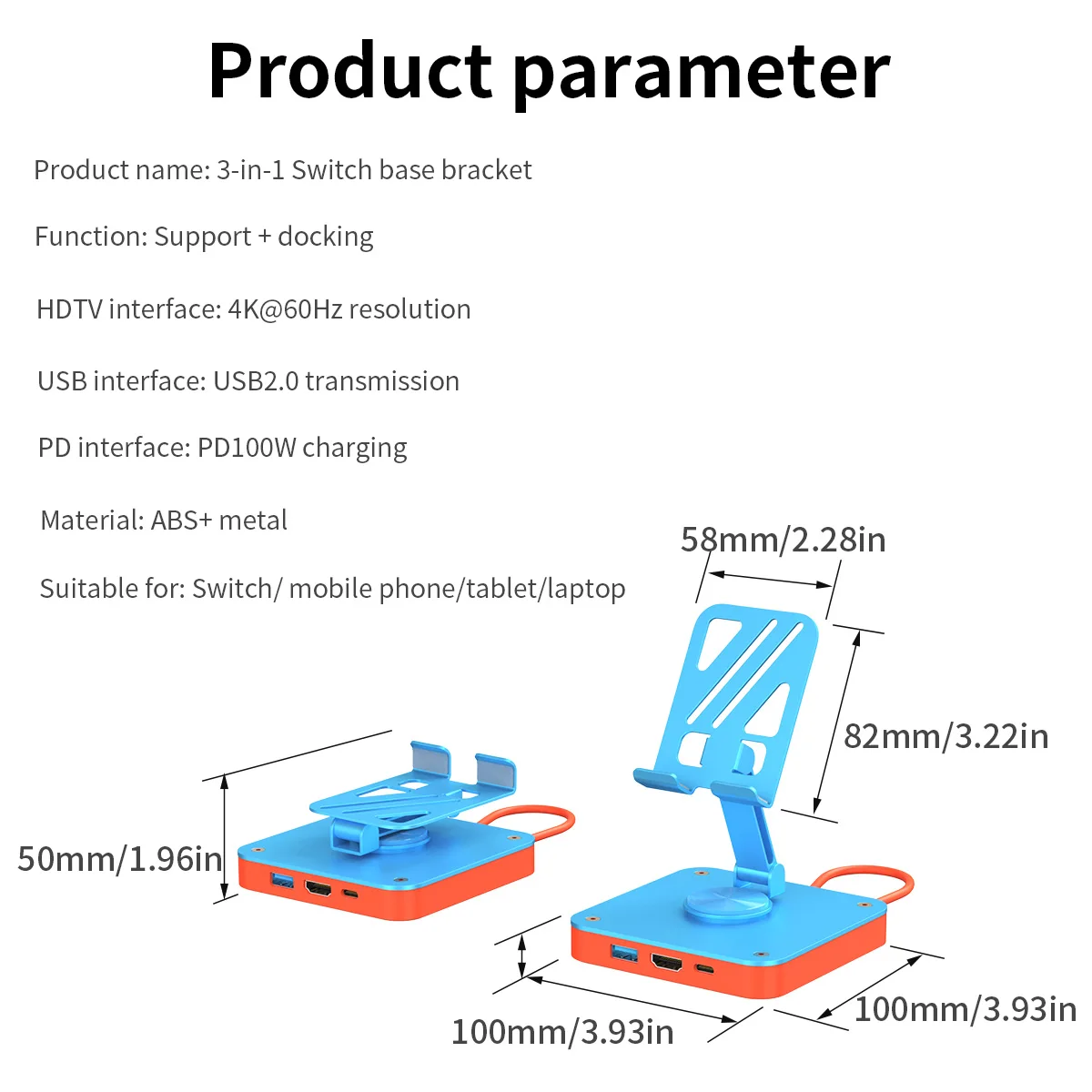 Estación de acoplamiento con soporte de USB-C ajustable, Hub plegable 3 en 1 con USB C, 4K HD,USB2.0,PD, carga de 100W para ipad Pro, interruptor OLED