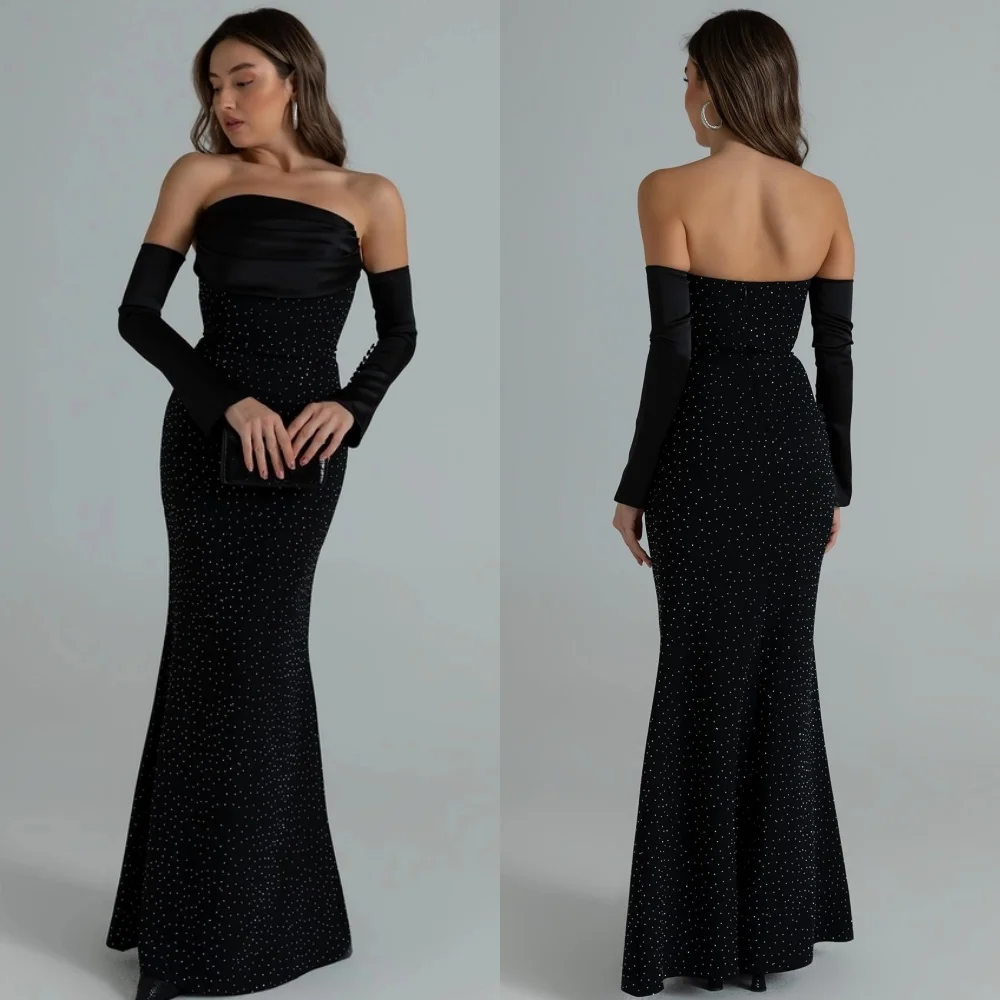 

Customized Elegant Simple Jersey Beading Pleat Straight Strapless Long Dresses Bespoke Occasion Dresses Modern Style Matching
