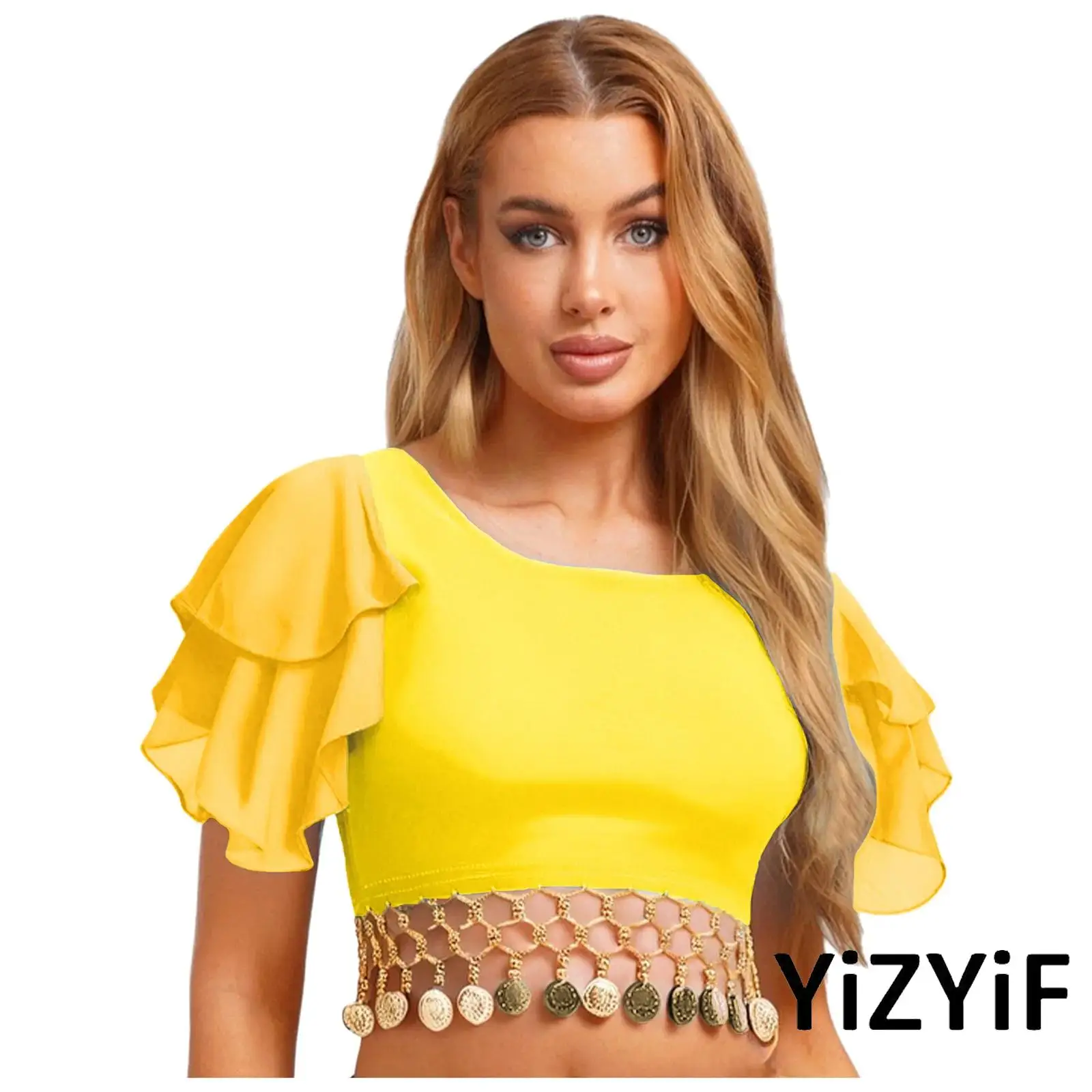 

Womens Indian Ethnic Dance Stage Performance Costume Crew Neck Tiered Lotus Sleeve Gold Tassel Pullover Sheer Blouses Crop Top