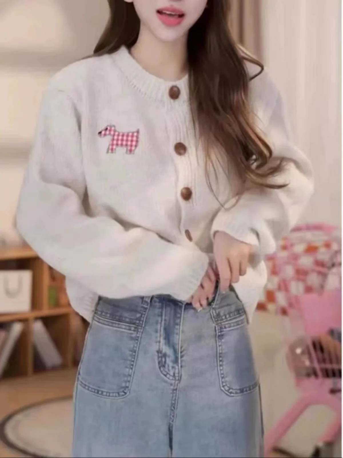 

Korean Sle round Ne Open Cardigan Women's Soft Loose Lazy Knitted Jaet Early Autumn New Arrival Pastel Pink Knitwear