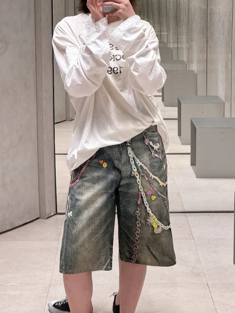 

Повседневные свободные хлопковые джинсовые шорты для мужчин с принтом в виде цепочек, молодежные, в стиле Vitali Sle, брюки-капри на все сезоны