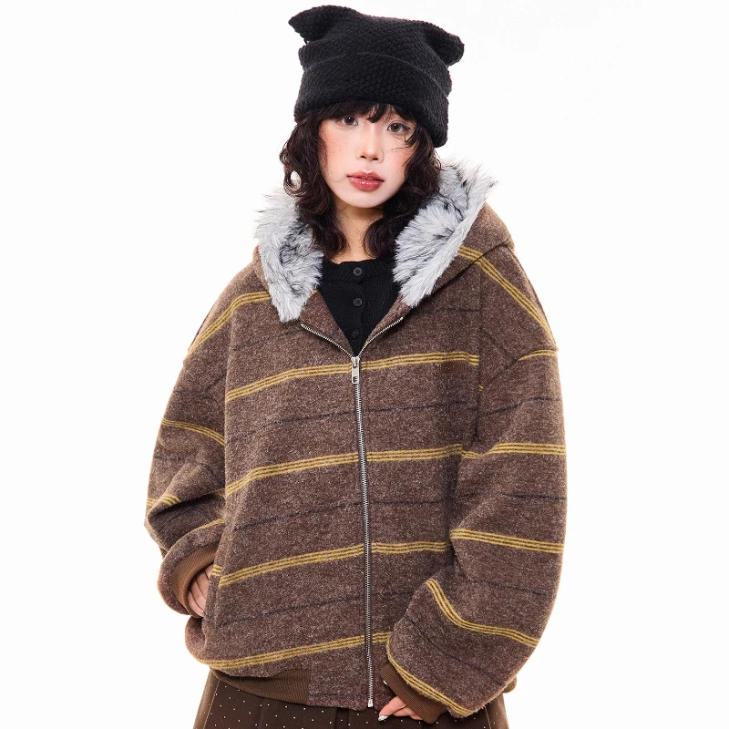 الأمريكية الرجعية تصميم فروي الأذن مقنعين الصوف المرأة البلوز 2025 الخريف الشتاء جديد فضفاض Y2k تنوعا الدافئة جاكيتات السيدات