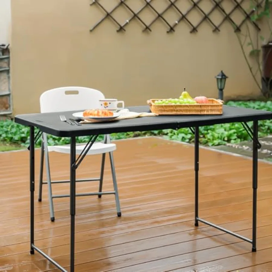 Folding Table 4 Foot Portable Heavy Duty Plastic Fold-in-Half Utility Table Small Indoor Outdoor Adjustable Height Folding with - view 2