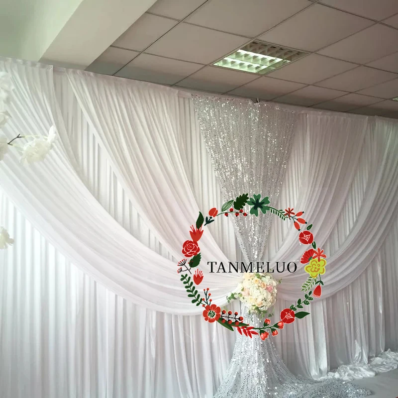 

White Ice Silk Wedding Backdrop Curtain With Silver Sequin Drapery Stage Background Photo Booth Event Banquet Decoration 3x6m