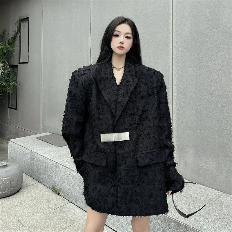 

Women's Autumn/winter Cotton Retro Casual Edge Brushed Short Suit Jacket with Black Hepburn Style Plush Metal Buckle Blazer Coat