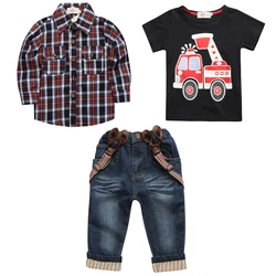 3Piece Spring Fall Kids Clothes Boys Outfit Set Casual Fashion Plaid Cartoon Short Sleeve Tops+Shirt+Jeans Baby Clothing BC1350