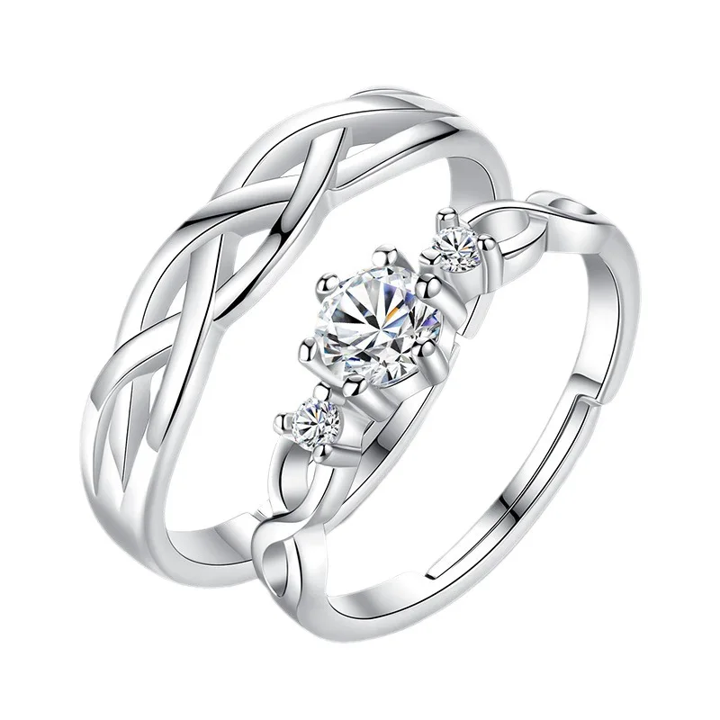 WANZHI 2024 New Zircon Couple Ring for Men and Women Metal White Crystal Design Wave Hollow Wedding Luxury Jewelry Accessories